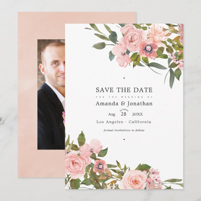 Save The Date Pink et or Rose floral Mariage photo (Devant / Derrière)