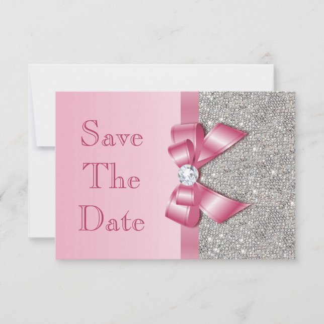 Save The Date Pink Faux Bow & Diamonds Enregistrer La Date (Devant)