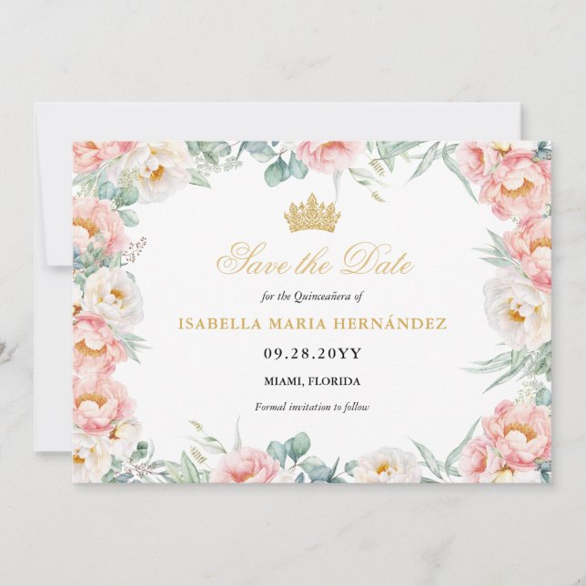 Save The Date Pink & Gold Elegant Floral Quinceañera (Devant)