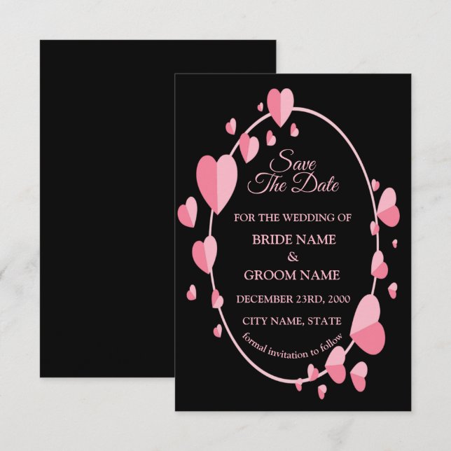 Save The Date Pink Heart Pattern Black Geometric Elegant Wedding (Devant / Derrière)