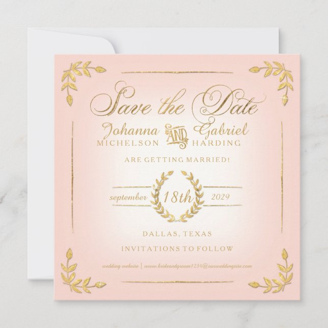 Save the Date, Pink n Gold Laurel Leaf Typografie Date (Vorderseite)