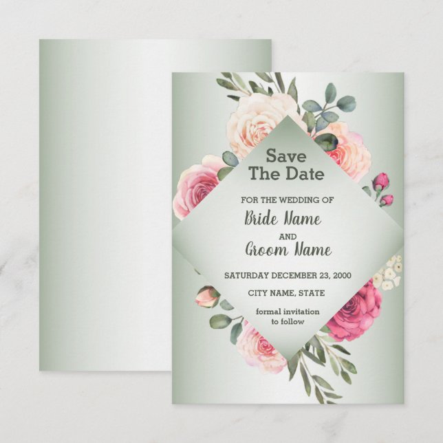 Save The Date Pink Peach Roses Rustic Green Geometric (Devant / Derrière)
