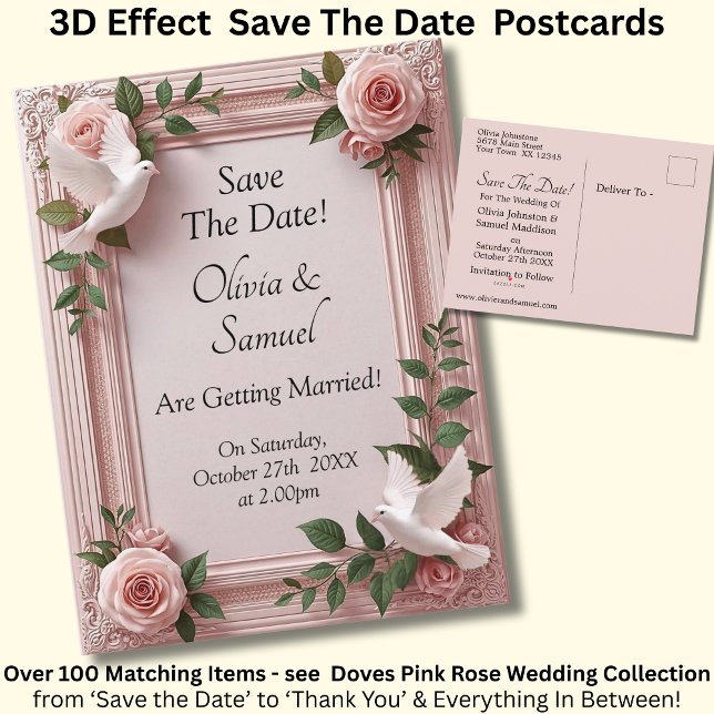 Save The Date - Pink Roses & Doves Wedding Ankündigungspostkarte (Von Creator hochgeladen)