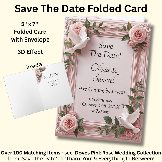 Save The Date - Pink Roses & Doves Wedding Karte (Von Creator hochgeladen)