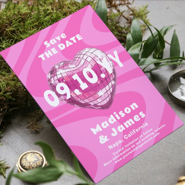 Save The Date Pink Super tendance moderne Disco Heart Photo (Créateur téléchargé)