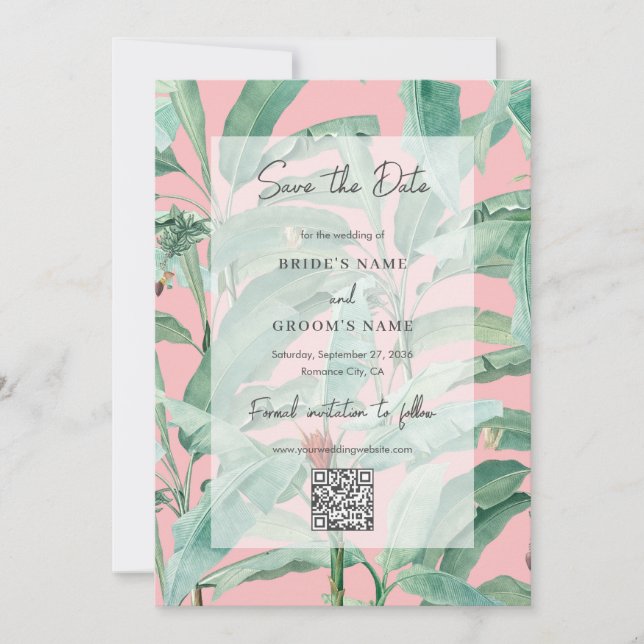 Save The Date Pink Tropical Banana Palm Feuille Mariage QR Code (Devant)