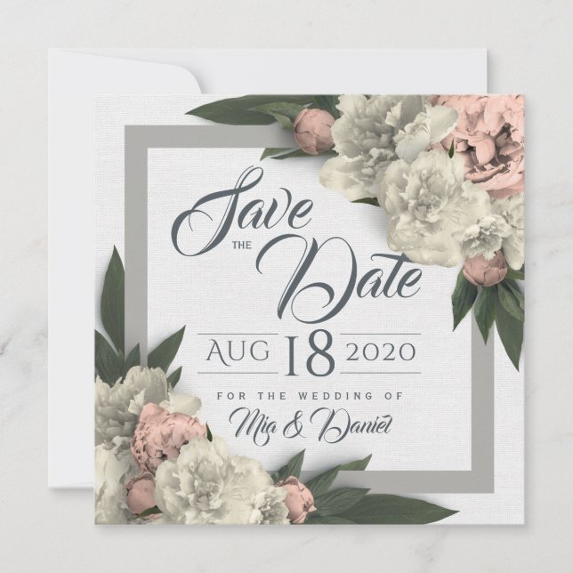 Save The Date Pivoines Florales Blanches et Pêches Glamoureuses (Devant)