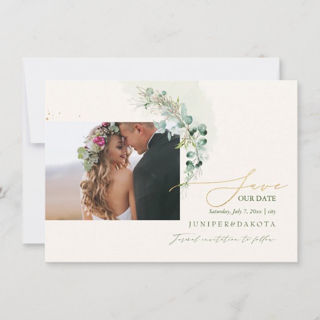 Save The Date PixDezines Aquarelle Eucalyptus Wreath Vert (Devant)