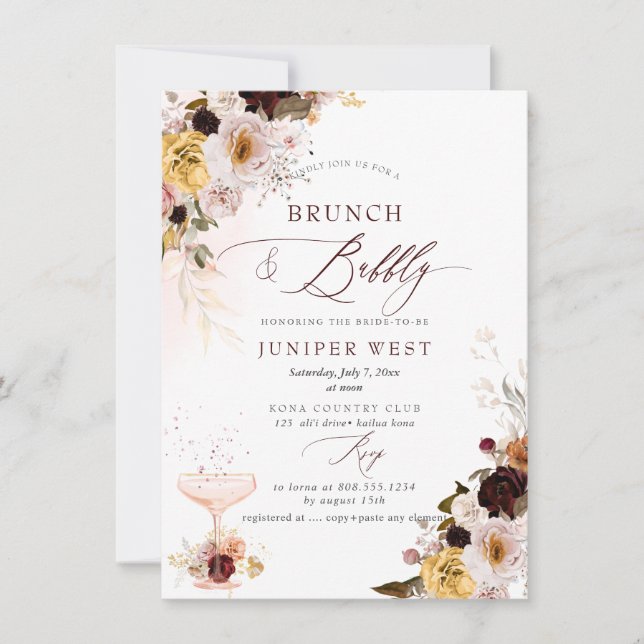 Save The Date PixDezines H2 Boho Fall Flowers Brunch Bubbly (Devant)