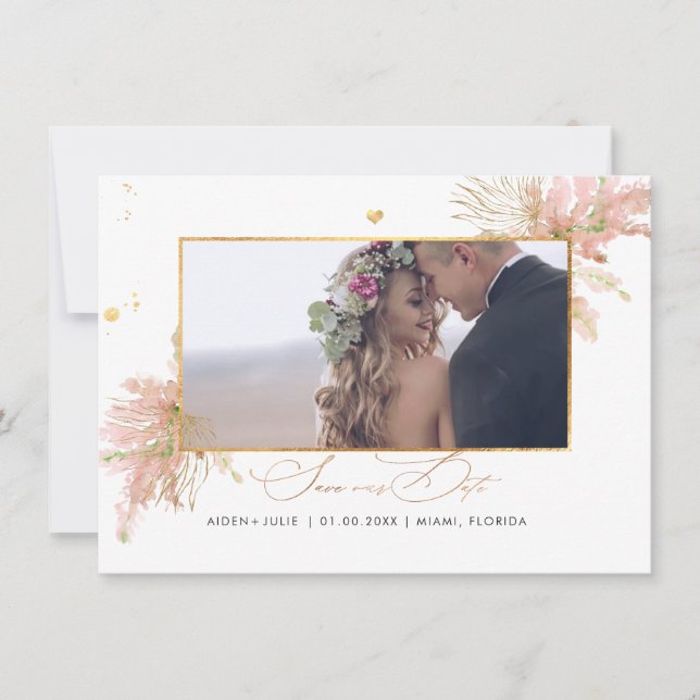 Save The Date PixDezines Rose Pampas Faux Palms Ventilateurs Or (Devant)