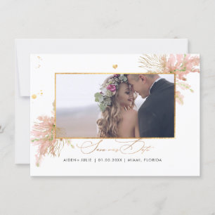 Save The Date PixDezines Rose Pampas Faux Palms Ventilateurs Or