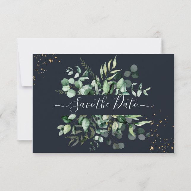 Save The Date PixDezines Rustique Eucalyptus Navy en or (Devant)