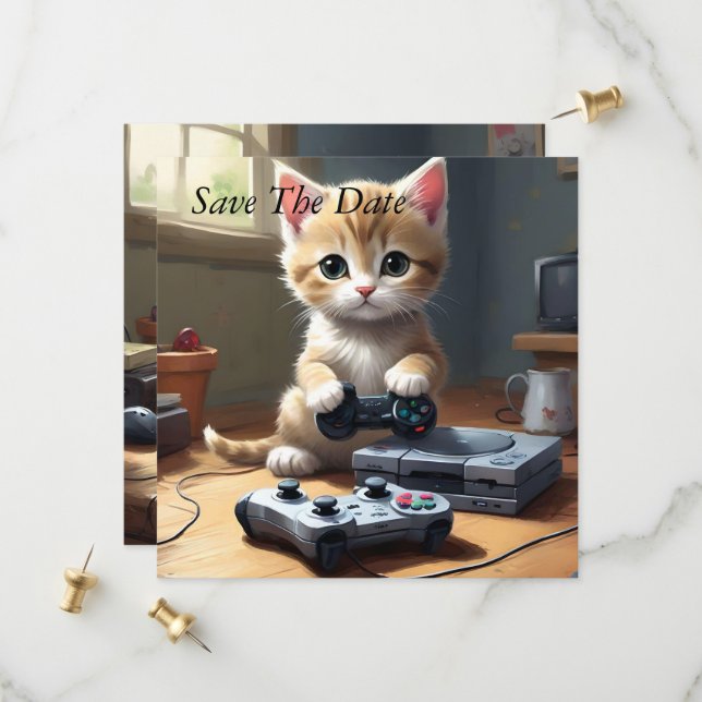 Save The Date "Pixel Paws : The Gamer Kitten in Action" (Devant/Arrière en situation)