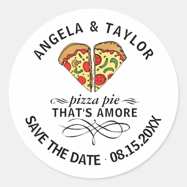 Save the Date Pizza Liebe Paar Individuelle Namen Runder Aufkleber (Vorderseite)