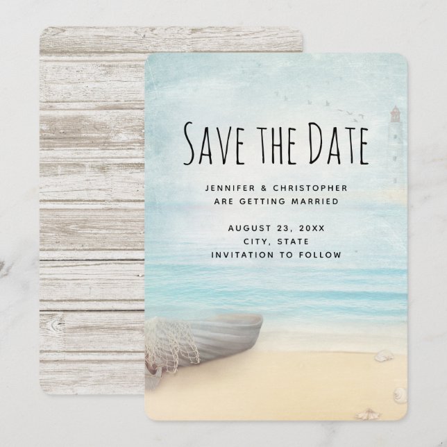 Save The Date Plage côtière avec Mariage en bateau Économisez La (Devant / Derrière)