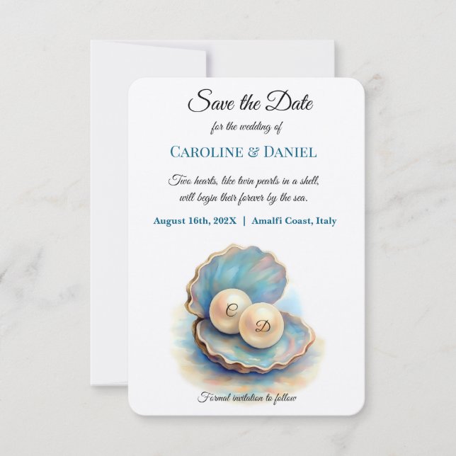 Save The Date Plage Mariage Pearls Shell Elégant thème Océan (Devant)
