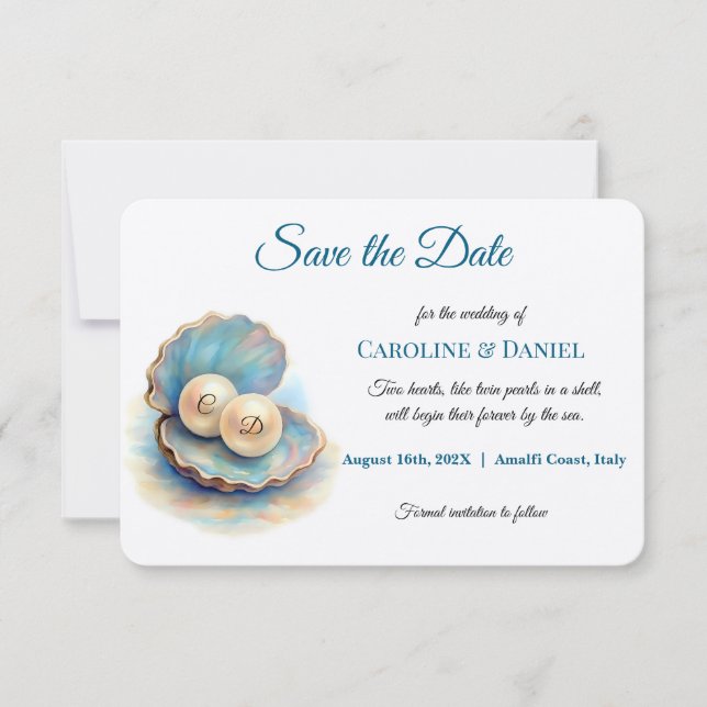 Save The Date Plage Mariage Pearls Shell Elégant thème Océan (Devant)