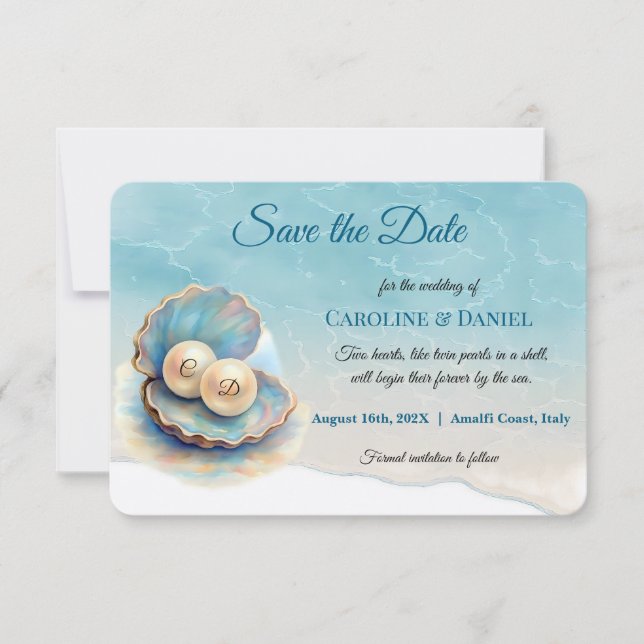 Save The Date Plage Mariage Pearls Shell Elégant thème Océan (Devant)