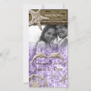 Save The Date Plage Mariage Photocard Dolphins Purple Shells