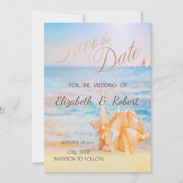 Save The Date Plage, Seastar, Seashell Enregistrer La Date (Devant)