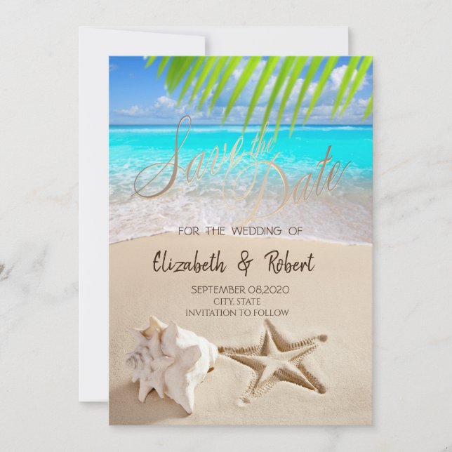 Save The Date Plage Tropicale, Étoile de Mer, Coquillage Enregis (Devant)