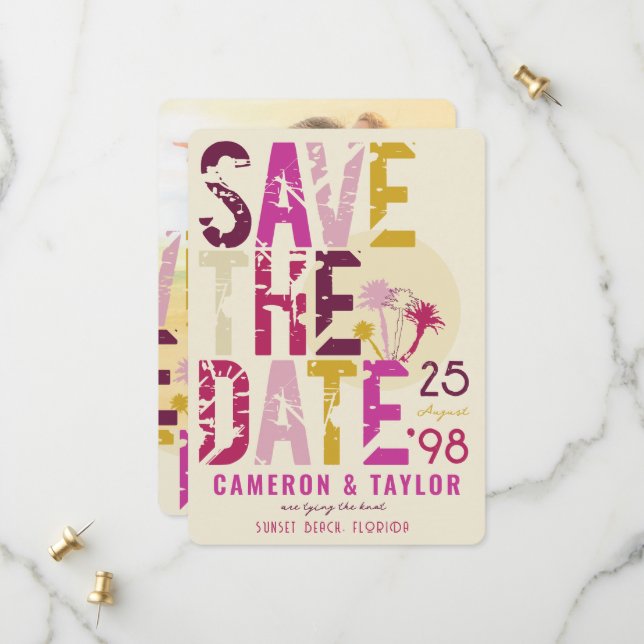 Save The Date Plage tropicale Palmiers roses Grunge Texte Photo (Devant/Arrière en situation)
