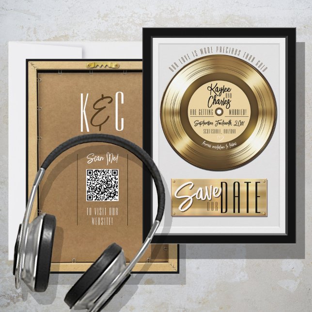 Save The Date Plaque de disque vinyle Retro Gold Mariage Unique (Unique Retro Solid Gold Vinyl Record Wall Plaque Cute music theme monogram wedding save the date QR)