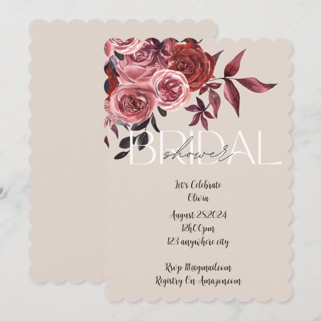 SAVE THE DATE PLUIE DE MARIAGE FLEURIE ROSE PASTEL BOURGOGNE  (Devant / Derrière)