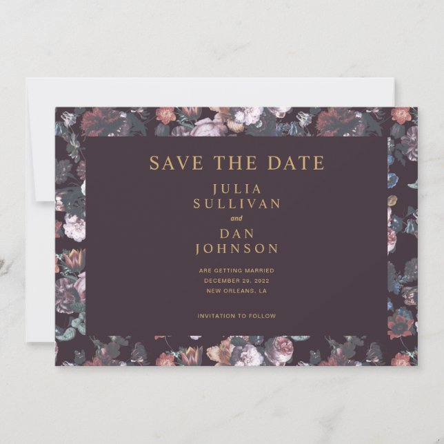 Save The Date Plum foncé violet Moody Floral Mariage (Devant)