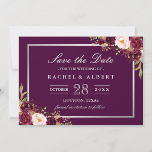 Save The Date Plum Purple Floral Silver Grey Enregistrer la date