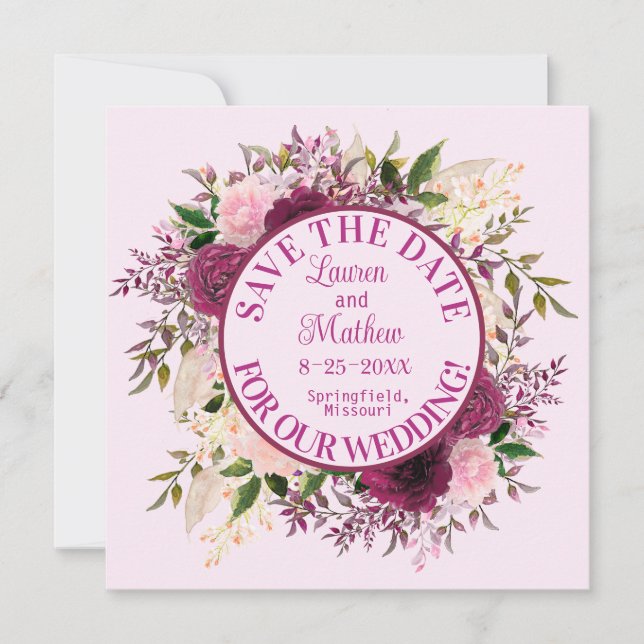 Save The Date Plum romantique Bourgogne bleu rose floral (Devant)