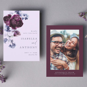 Save The Date Plum violet & Indigo Bleu Élégant Mariage floral