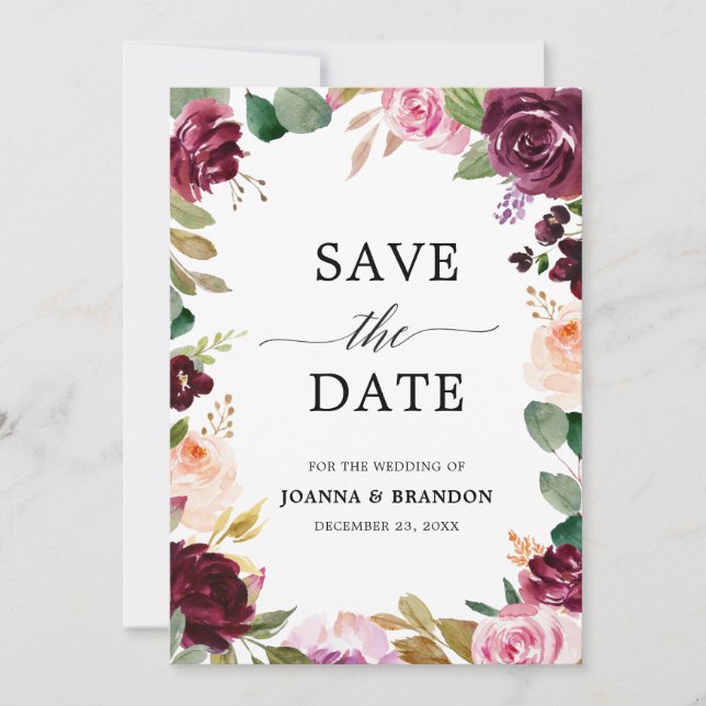 Save The Date Plum violet rose pâle Mariage végétal (Devant)