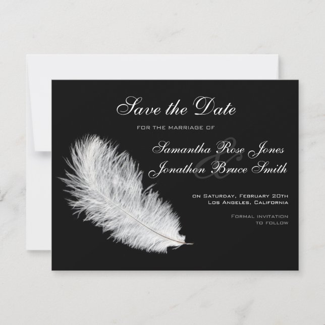 Save The Date Plumes blanches Noir Enregistrer la date (Devant)