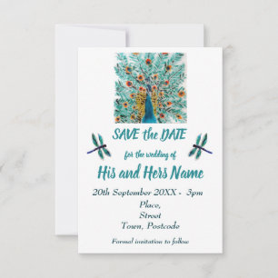 Save The Date Plumes de paon libellule Turquoise Enregistrer la 