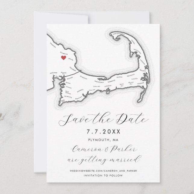 Save The Date Plymouth MA Cape Cod Map Mariage noir et blanc (Devant)