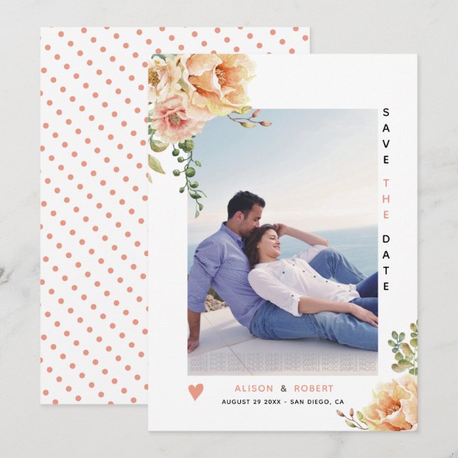 Save The Date Pointer corail aquarelle fleurs photo (Devant / Derrière)