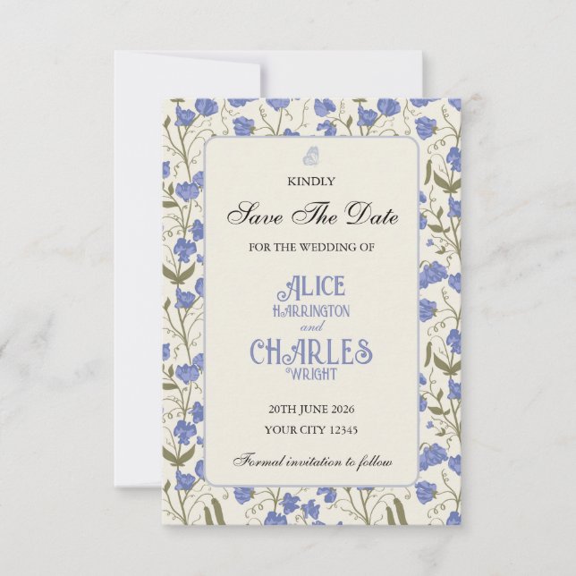 Save The Date Pois de senteur floral bleu et crème (Devant)