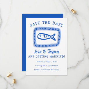 Save The Date Poisson mignon Main Tirée Doux Bleu Blanc Personna