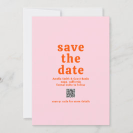 Save The Date Police rétro Orange et rose QR Code moderne Mariag