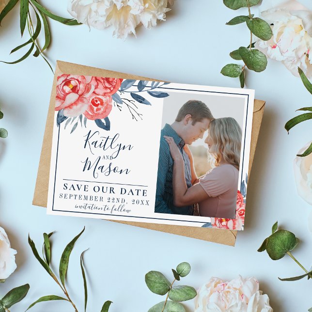 Save The Date Pommes florales de feuilles d'aquarelle Indigo Bli (Créateur téléchargé)