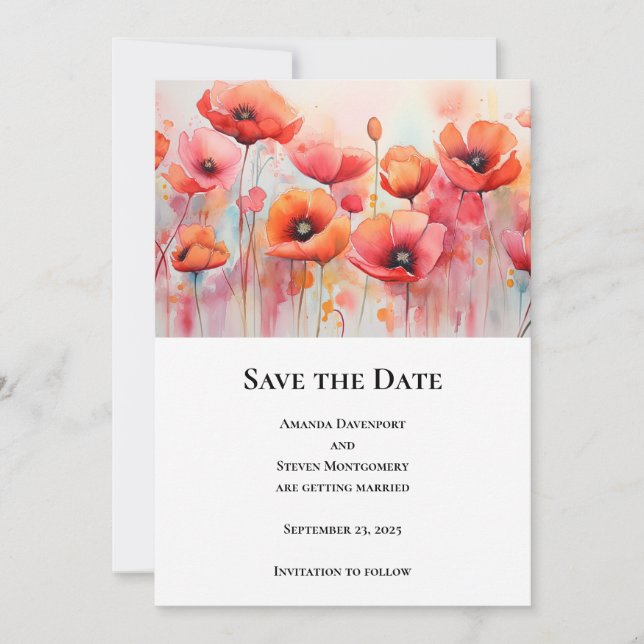 Save The Date Poppies rouges dans un Mariage d'aquarelle de cham (Devant)