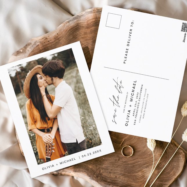 Save the Date Postcard Foto Minimalistisches Skrip Postkarte (Von Creator hochgeladen)