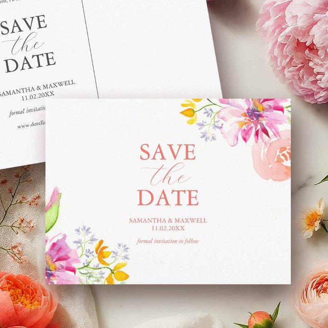 Save the Date Postcard Postkarte (Watercolor floral wedding save the date postcards in shades of pink and orange by Do Tell A Belle)