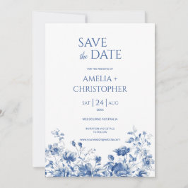Save the Date Postkarte, blau mit Blume
