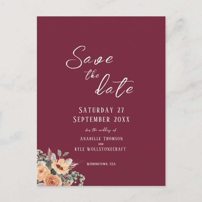 Save the Date Postkarte - Eleganter Blumenburgund (Vorderseite)