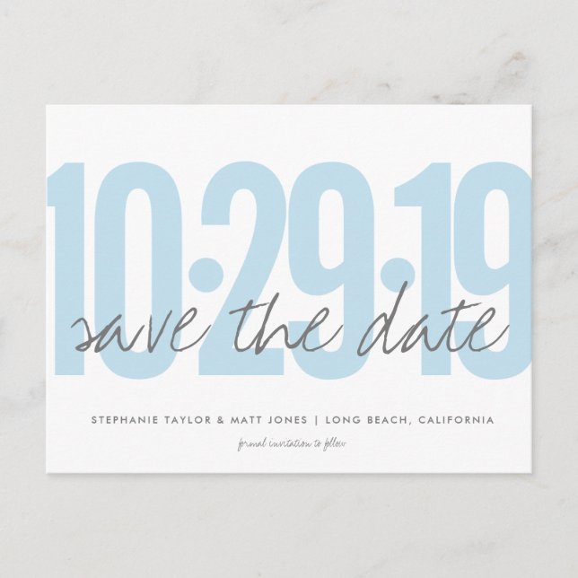 Save the Date Postkarte, großes Datum, blau, Pulve Ankündigungspostkarte (Vorderseite)