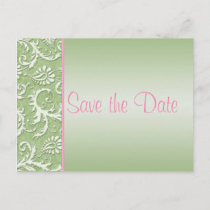 Save the Date Postkarte mit grünem und rosa Damast