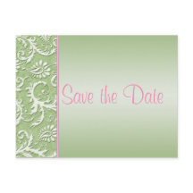 Save the Date Postkarte mit grünem und rosa Damast