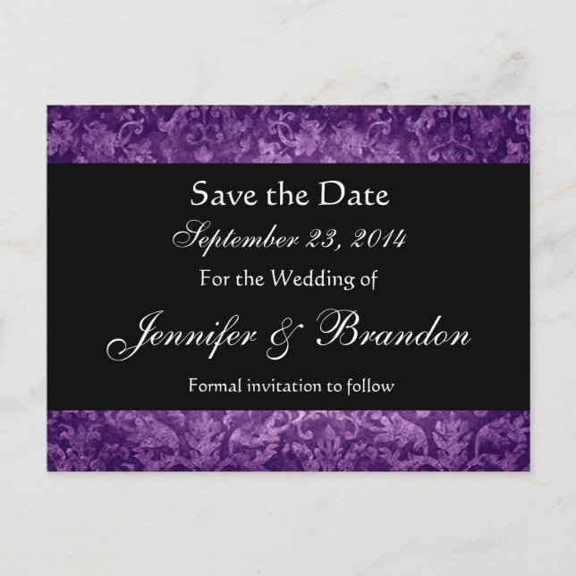 Save the Date Postkarte mit lila und schwarzem Dam (Vorderseite)